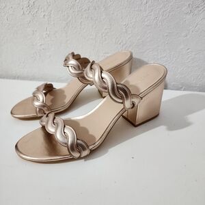 Stuart Weitzman Twistie Leather Rose Gold Slip On Block High Heel Sandals 10.5